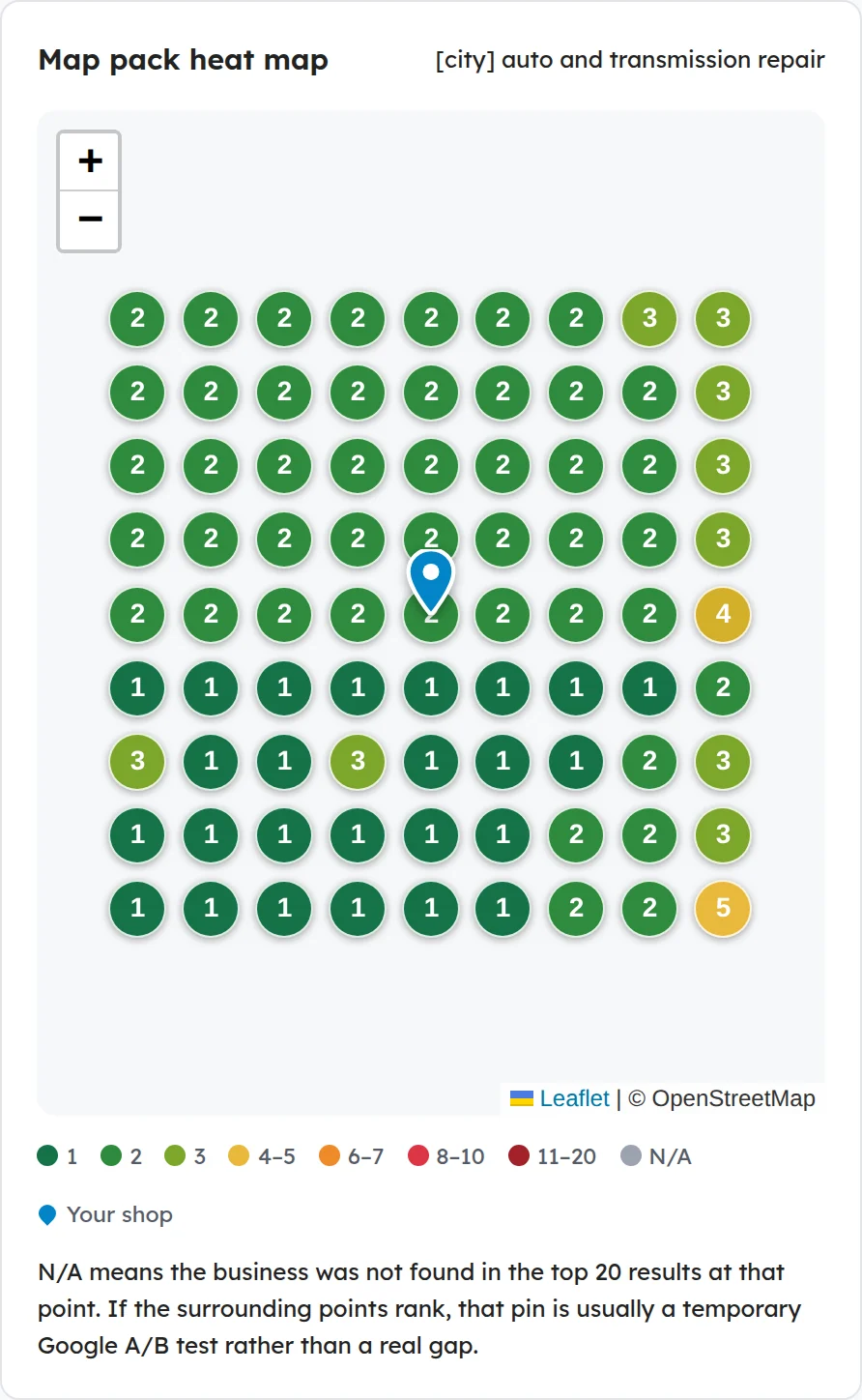Map pack heat map: 81 grid points coloured by rank position