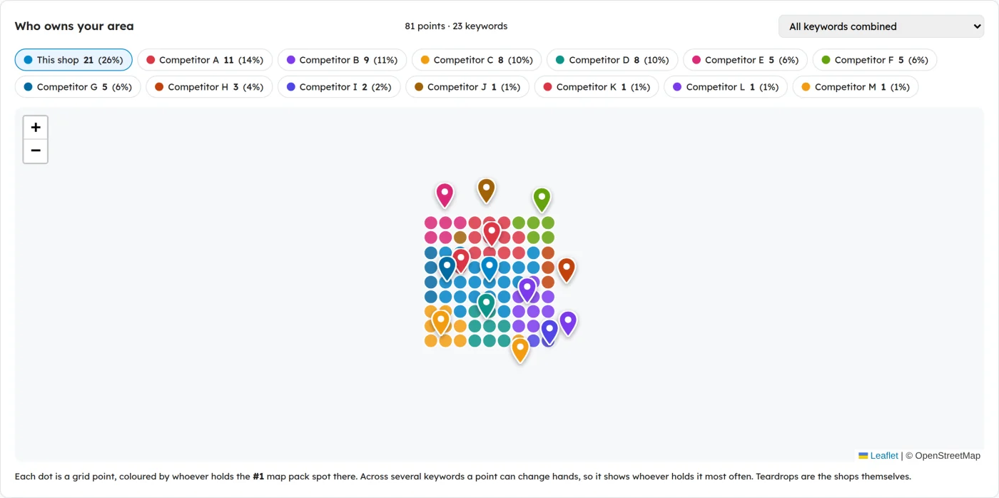 Territory map showing which business holds the number one map pack position at each grid point