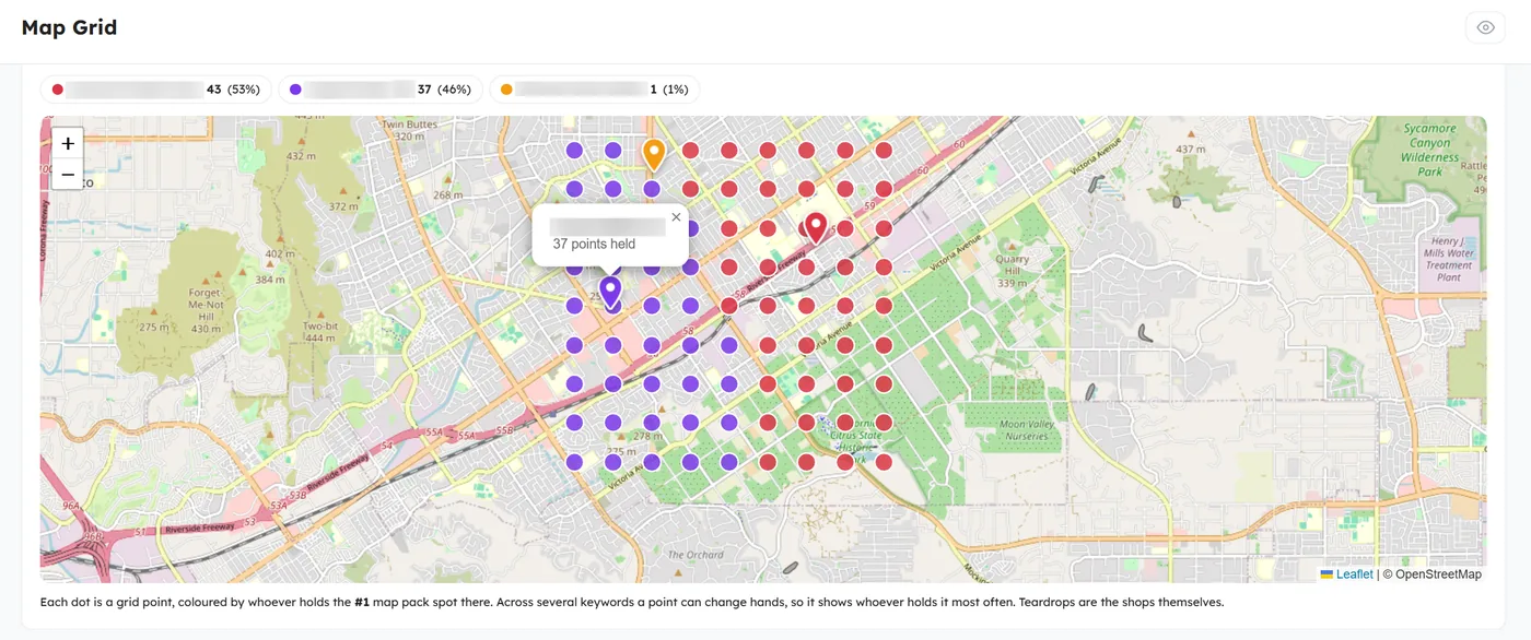 Territory map showing which business holds the number one map pack position at each grid point